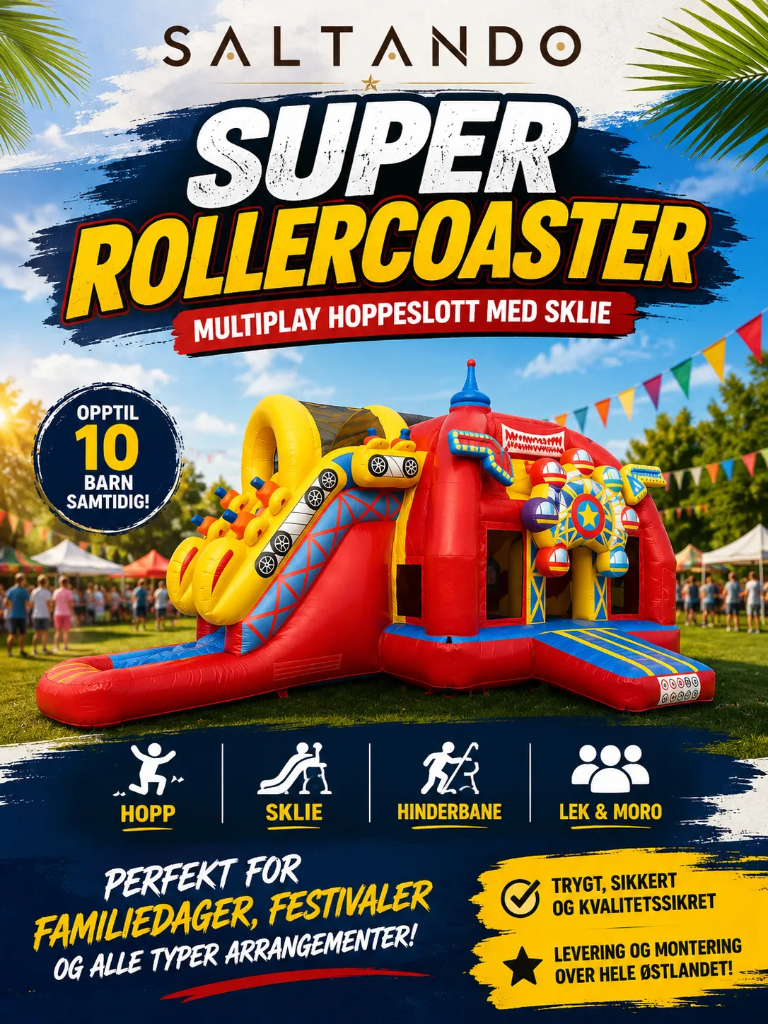 Saltando Super Rollercoaster hoppeslott med sklie og hinderbane