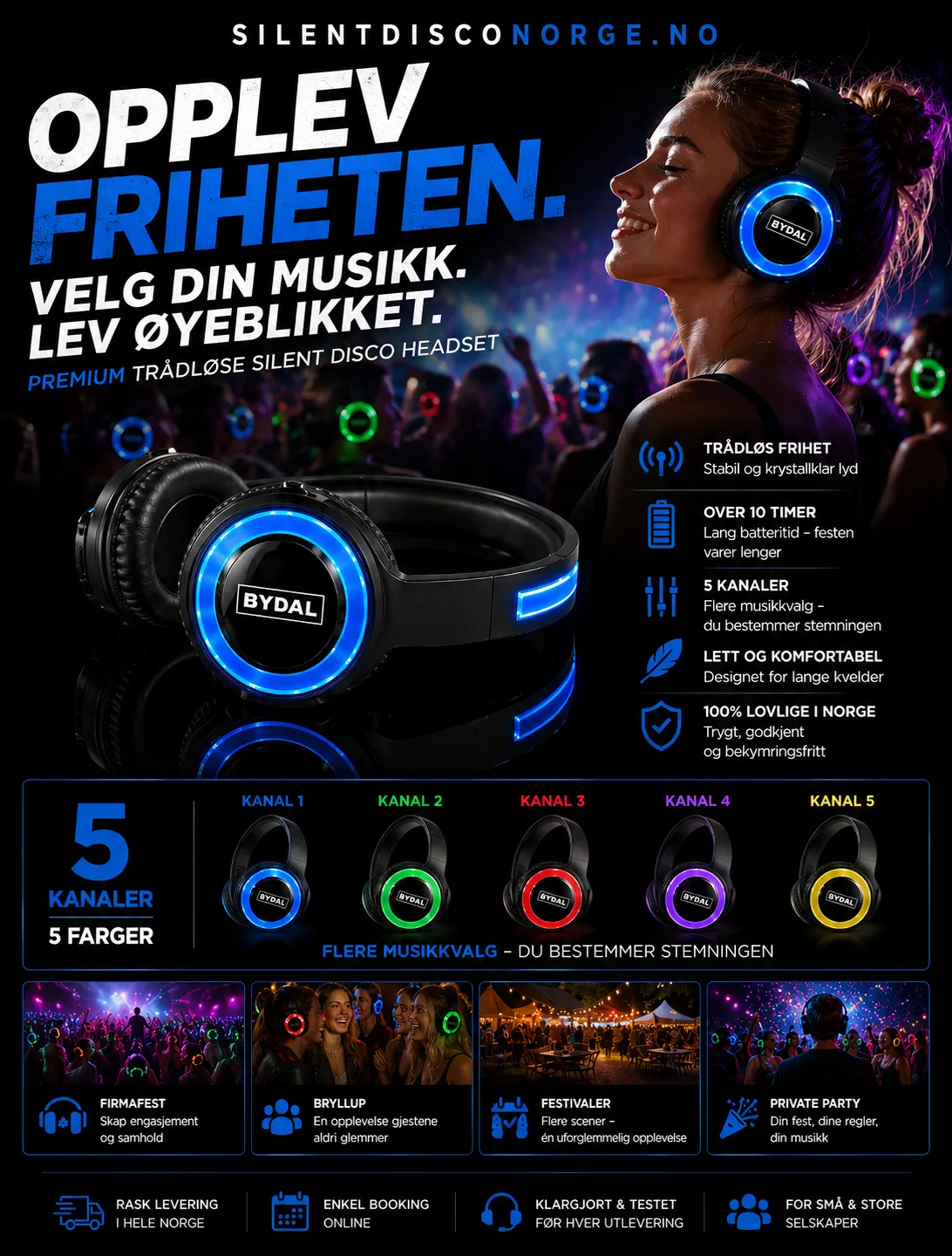 Silent disco-hodetelefoner med LED-lys i fem kanalfarger
